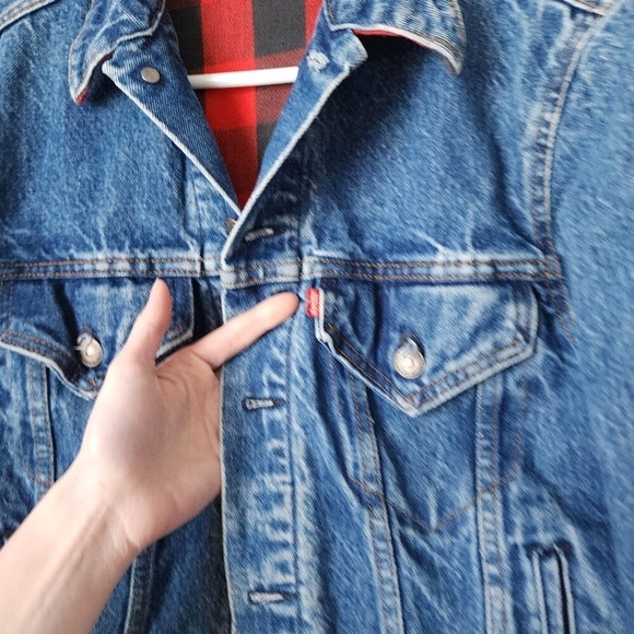 LEVIS VINTAGE 90s Buffalo Plaid Lined Denim Trucker Jacket Size 38 - Picture 11 of 12